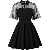 Women's Vintage Gothic Cocktail Dresses Cutout Keyhole Collar Illusion Mesh Sleeve Mini Dress A Line Knee Length Goth Dress
