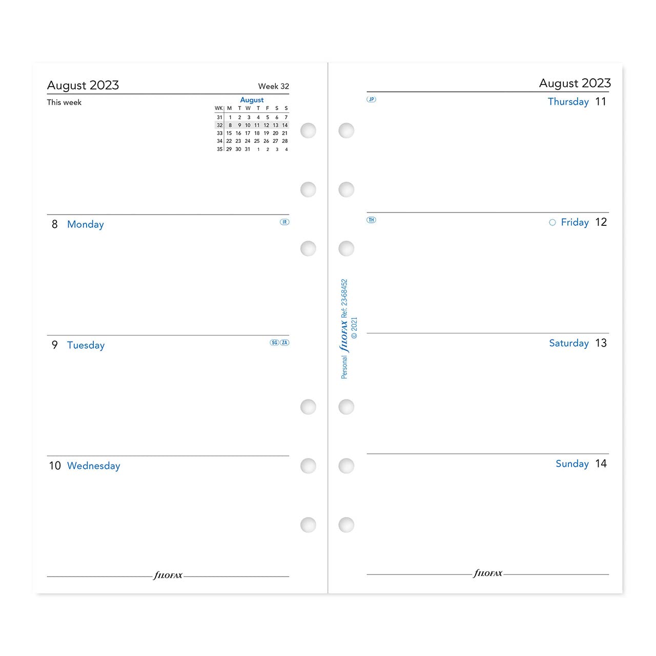 Filofax Personal week on two pages mid year diary August 22 - July 23, White