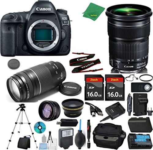 Canon EOS 5D Mark IV Camera + 24-105mm STM + 75-300mm III + 2pcs 16GB Memory + Case + Reader + Tripod + Starter Set + Wide Angle + Telephoto + Flash + Battery + Charger - International Version Canon EOS 5D Mark IV Camera + 24-105mm STM + 75-300mm III + 2pcs 16GB Memory + Case + Reader + Tripod + Starter Set + Wide Angle + Telephoto + Flash + Battery + Charger - International V   ersion