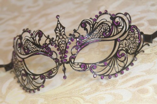 Black Extravagant with Purple Glitter Princess Venetian Masquerade Mask with Purple Diamonds