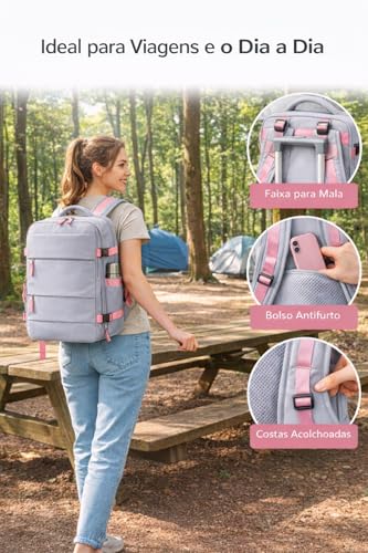 Mochila Viagem Avião Bagagem de mão Viral Impermeável Low Cost Bolsos Isolados P/Sapatos, Notebook, Molhados - Bordo, Cabine, Usb - Cor: Cinza Zíper Rosa