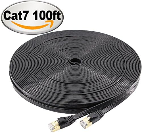 CAT7 10 Gigabit Ethernet Cable Shielded (STP)Ultra Flat Cat 7 Patch Cable for Modem Router LAN Network PlayStation Xbox- Built with Gold-Plated RJ45 Connectors,100 Feet Black