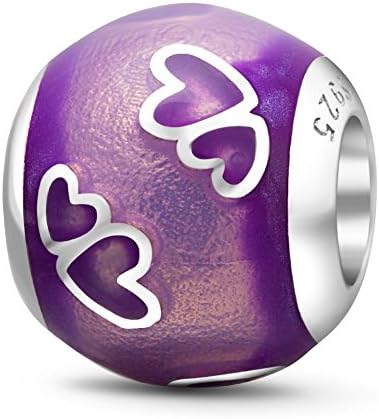 ChaWin Double Love Heart Charm with Purple Enamel 925 Sterling Silver Round Ball Bead Fit European Woman Bracelet Jewelry(Valentines Gift)