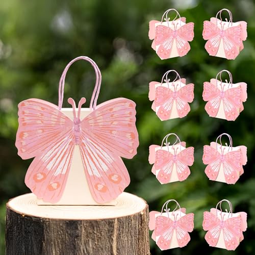 Cheerland Pink Butterfly Party Favor Bags for Birthday Baby Shower Woodland Fairy Party Decorations Candy Treat Goodie Butterfly Gift Bags for Girls and Kids Garden Tea Parties Decoration Pack of 8
