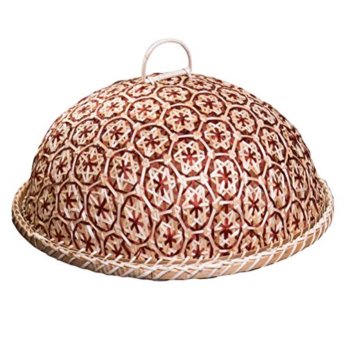 Coralpearl Bamboo Woven Food Dome Lid Cover, Keep out Flies Bugs and Table Serving Tray Storage Plate Platter with Handles for Picnic Party Bread Cake Pizza Dry Fruit Dessert Indoor Outdoor (Red)