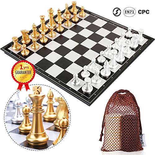 Peradix Chess Checkers Set 2 in 1, Magnetic Chess Pieces with 3 Storage Bags, Portable Travel Folding Board Game, 14.02" Big Size, Educational Learning Toys for Kids Adults, Birthday