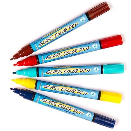 Baker Ross Bunte Glas-Malstifte - Set B (rot - braun - dunkelblau - gelb - türkis) - für Kinder - Hobby Line 42641 - 5 Stück