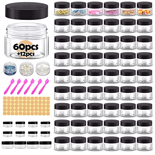 1 oz Plastic Containers with Lids 60pcs Plastic Jars with Lids + 3/5/10 Gram 12pcs Sample Containers Travel Jar– Great for Lip Scrub, Body Butters, Cream, Lotion, Labels & Spatulas (72 Pack)