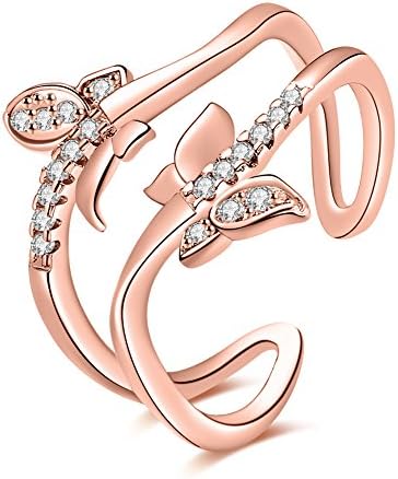 YEAHJOY Women's Resizable 2 Lines Butterfly Finger Rings with Micro CZ Stones Paved Adjustable Size Rings (rose-gold-plated-base)
