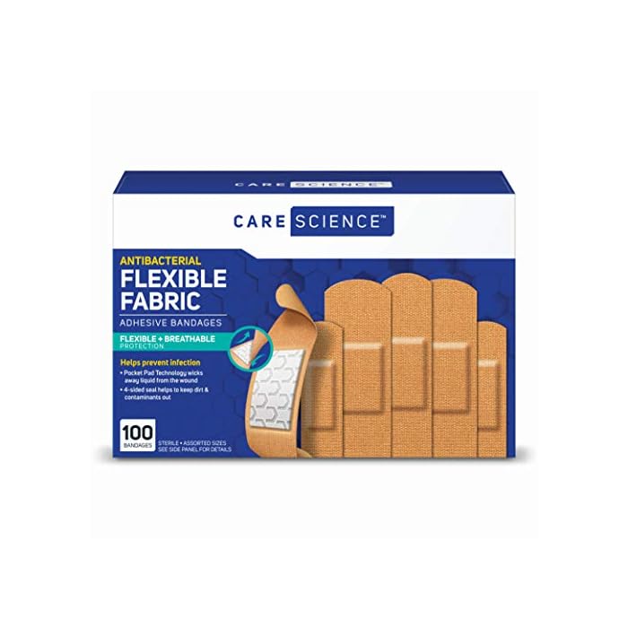 Care Science Antibacterial Fabric Adhesive Bandages, 100 ct Assorted Sizes | Flexible + Breathable Protection Helps…