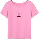 Ecolala Girls Graphic Tees Crewneck Short Sleeve Shirt Bow Cheery Cute Summer Tops