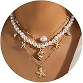 POTIANDEFUGUI Gold Starfish Shell Multilaye Layered Necklace for Women Summer Conch Beaded Surfer Beach Jewelry