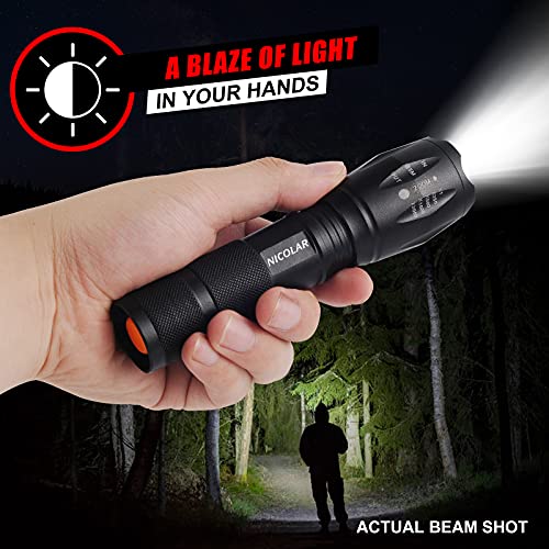 Nicolar LED Tactical Flashlight [2 Pack] - High Lumen, Zoomable, 5 Modes, Water Resistant Flashlight,Camping Accessories, Emergency Gear,Powerful Handheld Flashlight for Hiking Outdoor