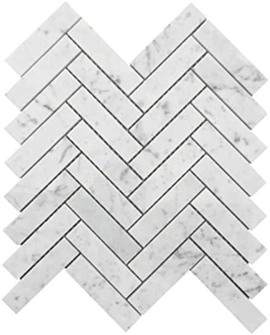 Italian Bianco Carrara (Carrera) White Marble 1 X 4 Herringbone Mosaic Tile, Polished