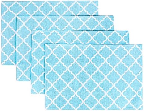 Living Fashions Placemats for Dining Table Set of 4 - Durable Place Mats - Woven Cloth Geometric Quatrefoil Placemat - Kitchen Decorations Theme Sets in Teal Blue - Dining Room Decor - Size 13" x 19"