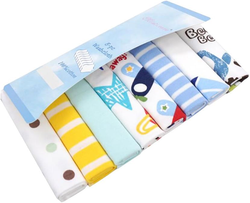 CuteOn 8 Pack Super Soft Baby Washcloth for Newborn Boys & Girls Blue Car