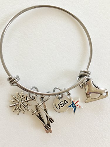 Winter Olympics Bangle, Olympics Charm Bracelet, Winter Sports, Olympic Games, Skiing, Ice Skating, USA Custom Stamp, Adjustable Bangle Bracelet. - Thumbnail 3