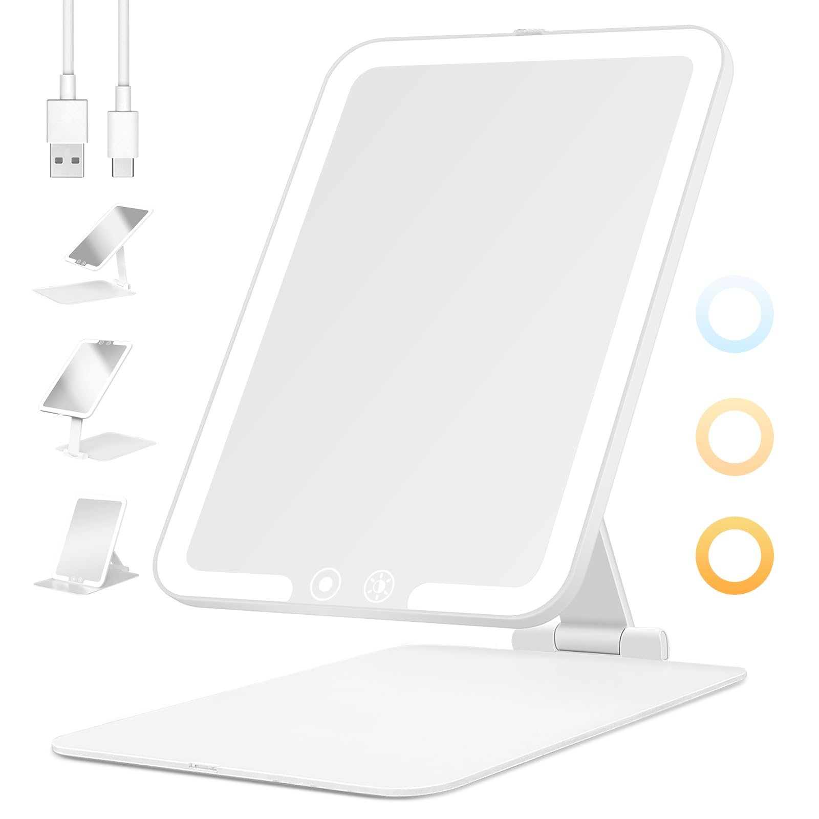 FANCYSEEU Rechargeable Makeup Mirror with Light, 3 Colours Dimmable Foldable Cosmetic Mirror with 15X Mini Magnifying Mirror, Ultra Slim Portable Travel Mirror, Makeup Mirror with Light