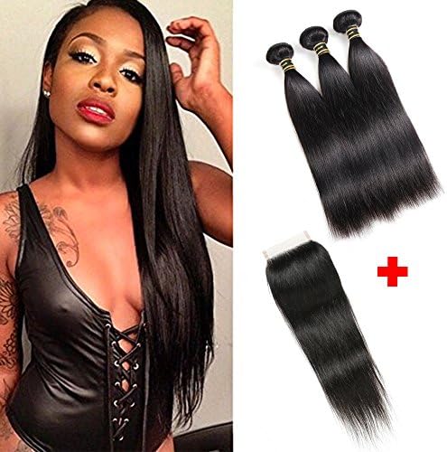 Aodai Brazilian Virgin Hair Straight with Closure 4x4 Free Part Brazilian Straight Human Hair Bundles with Closure Natural Black (14 16 18+ 12)