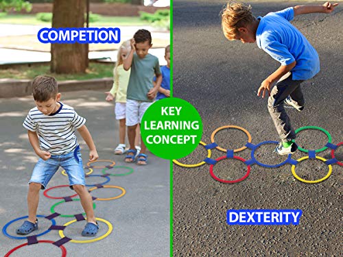 Hopscotch Ring Game - 13 inch - Best Outside Toys to Play for Boys Girls and Kids. 10 Pieces Multi-Colored Plastic Rings and 15 Connectors. Fun Indoor, Outdoor, Summer, Beach, Church and School