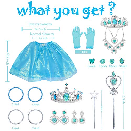Tagitary Princess Dress Up Jewelry Dress-up Play Toy Set for Girls Jewelry with Crowns, Necklaces, Wands, Rings, Earrings Bracelets and Blue Skirt, 21 Pcs