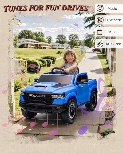 First Ride On 12v Kids Ride on Truck, Licensed Ram 1500 Rho Ride on Toy For Kids with Remote Control, Ride on Car for Children w/Truck Bed Storage, Smooth Start, Bluetooth, Aux Port (Blue)