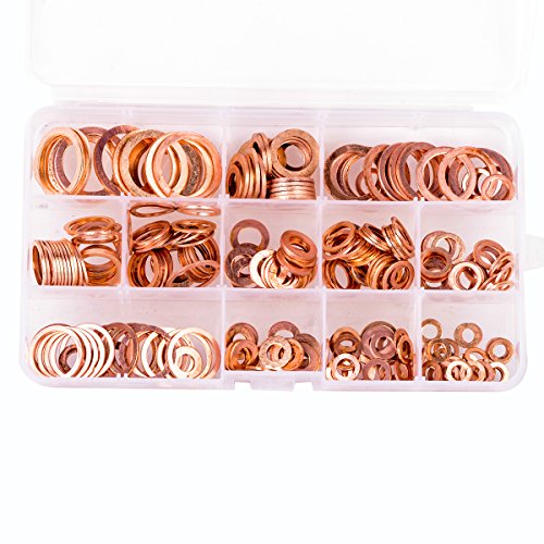 Migiwata Metric Round Solid Flat Copper Washer Ring Sump Plug Oil Seal Assorted Set of 280PCS in 12 Sizes M5-M20 with Reusable Plastic Case for Automotive and Small Engine Repairs