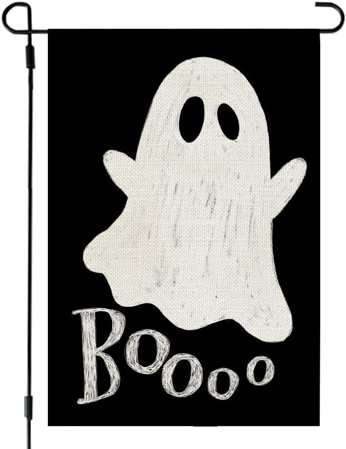 Flags - CROWNED BEAUTY Halloween Ghost Garden Flag 12x18 Inch Double Sided Small Burlap for Outside Boo Black Holiday Yard Decoration CF1079-12