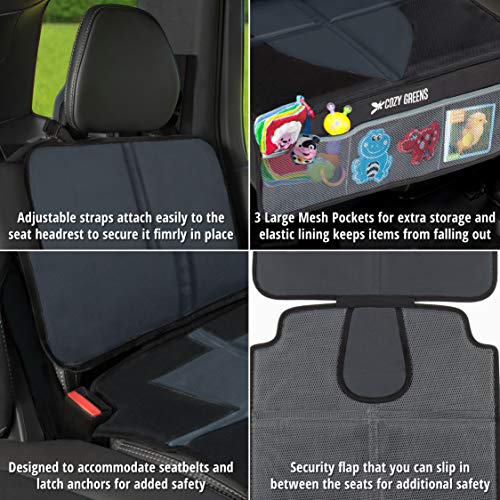COZY GREENS Car Seat Protector with Thickest Padding - XL Size - Covers Full Carseat - Waterproof Under Child Baby Safety Seat - Durable Mat, Reinforced PVC Leather & 3 Large Pockets for Storage (XL)