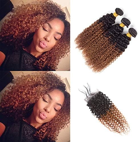 Omber Hair Virgin Hair Kinky Curly Brown 3 Bundles With 4x4 Closure T1B/30 Bundles Brazilian Hair 8A Grade Soft Brazilian Hair Extensions (14" 16" 18" & Closure 12")