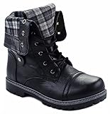 Women Foldable Plaid Cuff Mid-Calf Leatherette Lace Up Comfy Military Combat Boots