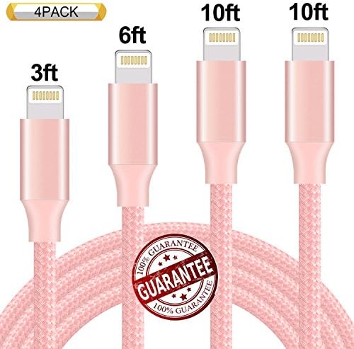 Zcen Lightning Cable 4Pack 3FT 6FT 10FT 10FT Nylon Braided Certified iPhone Cable USB Cord Charging Charger for Apple iPhone 8, X, 7, 7 Plus, 6, 6s, 6+, 5, 5c, 5s, SE, iPad, iPod Nano, Touch (Pink)