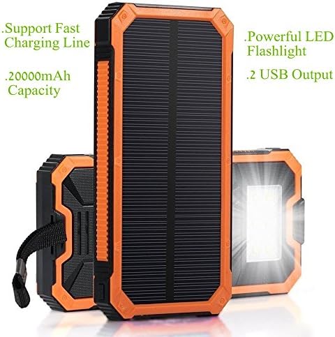 Solar Phone Charger Fast Charge Solar Charger Power Bank 20000mah Solar Charger for Cell Phone Waterproof Solar Portable Phone Charger Iphone Bright Flashlight Dual USB Solar Power Bank Hiking Orange