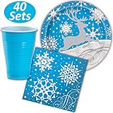 Winter Snow Dinner Plates, Napkins, and Plastic Cups, 12 oz - 40 each (120 Total) - Blue, Silver and White with Snowflakes and Reindeer - Perfect Disposable Party Supplies for Christmas or December Holiday Party