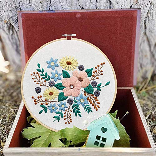 Full Range of Embroidery Starter Kit with Pattern,UNIME Cross Stitch Kit Including Embroidery Cloth with Plant Pattern, Bamboo Embroidery Hoop, Color Threads and Tools Kit (Flowers)