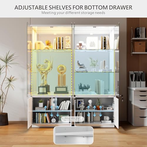 Glass Display Cabinet with Lights, Modern Curio Cabinet Display Cases for Collectibles, Locking Cabinet with Shelves & Drawers, Tall Bookcase with Human Body Sensor for Living Room, White