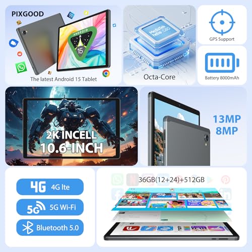 PIXGOOD 2K Android 15 Tablet, 36GB RAM+512GB ROM (2TB TF), 4G LTE + 5G WiFi, Tablet 10.6 Inch, Octa-Core, 2000 x 1200FHD, 8000mAh, 13MP + 8MP, GPS, Tablet with Keyboard (Grey)