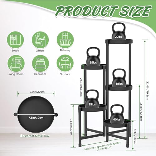 5 Tier Metal Plant Stand, Corner Tall Plant Shelf for Multiple Plants, Indoor Outdoor Flower Pot Holder for Living Room Balcony Garden Patio Yard, Black 48*48*80Cm