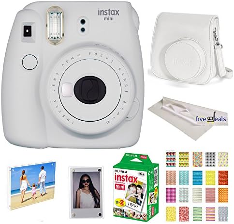 Fujifilm Instax Mini 9 instant Fuji Camera SMOKEY WHITE+ Camera Case + instant Mini 9 Film Twin Pack + instax Picture Frame + Magnet Frame + 20 Border Stickers Kit +FREE Cleaning cloth (Smokey White)