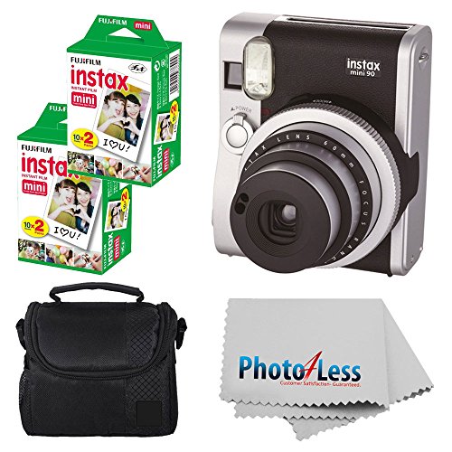 Fujifilm INSTAX Mini 90 Neo Classic Instant Camera (Black) With 2x Fujifilm Instax Mini 20 Pack Instant Film (40 Shots) + Compact Camera Case + Cleaning Cloth - International Version (No Warranty)