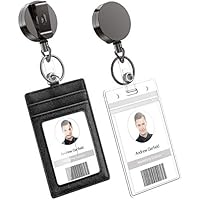 Heavy Duty Metal Retractable Badge Holder Reel with Belt Clip Key Ring, Waterproof Vertical Clear ID Card Holder and PU Leather Badge Holder