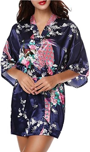 Nethaniah Women's Peacock & Blossom Print Silky Kimono Short Robe (One Size, Acid Blue)
