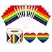 50PCS Rainbow Gay Pride Stick Flag and 500PCS LGBT Love Rainbow Heart-Shaped Stickers for Mardi Gras, Rainbow Party Gifts, Crafts Envelope Sealing Labels
