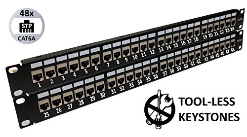 48-Port CAT6A FTP Shielded 2U Patch Panel 19-Inch Loaded w/Tool-less Keystone Jacks Rackmount or Wallmount