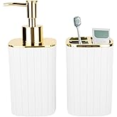 2PCS Bathroom Accessories Set, White and Gold Bathroom Accessories Include Soap Dispenser and Toothbrush Holder for Boho Bathroom Decor
