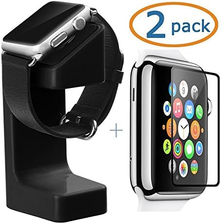 CiDoss Apple Watch Stand, Holder Silicone Charging Mount Cradle for iWatch Plus Tempered Glass Screen Protector Black, 42mm