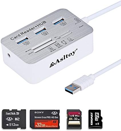 Asltoy USB 3.0 Hub 3 Port 7-in-1 High Speed MS/Micro SD/M2/TF USB Hub Memory Card Reader for PC Laptop Desktop Macbook Air Pro with USB Cable (Silver)