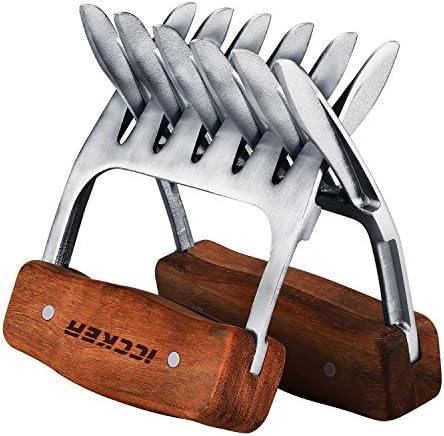 ICCKER Stainless Steel Pork Shredder - Metal Meat Claws Handler Forks with Wooden Handle for Food Shredding, Pulling, Handing, Lifting(set of 2,BPA Free)