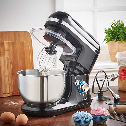 VonShef 220 Volt Food Stand Mixer | 650W | with Dough Hook, Beater, Whisk & Splash Guard - Black - Bundle With Dynastar Plug Adapters (NOT FOR USA)