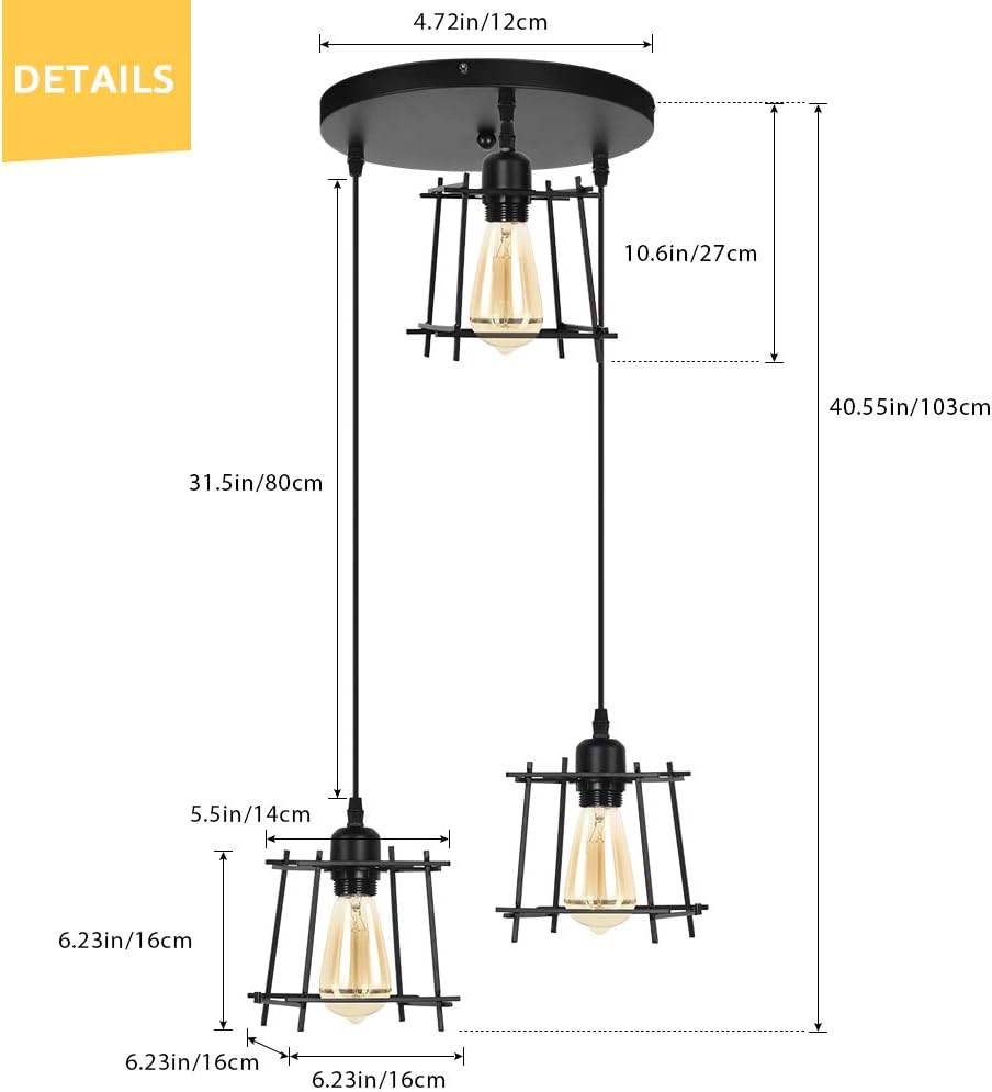 HAITRAL Dining Room Pendant Lighting 3 Lights - Industrial Hanging Light Fixtures Chandelier Black Metal Lampshade -Adjustable Ceiling Hanging Light Fixtures for Kitchen Island Bedroom: Home Improvement